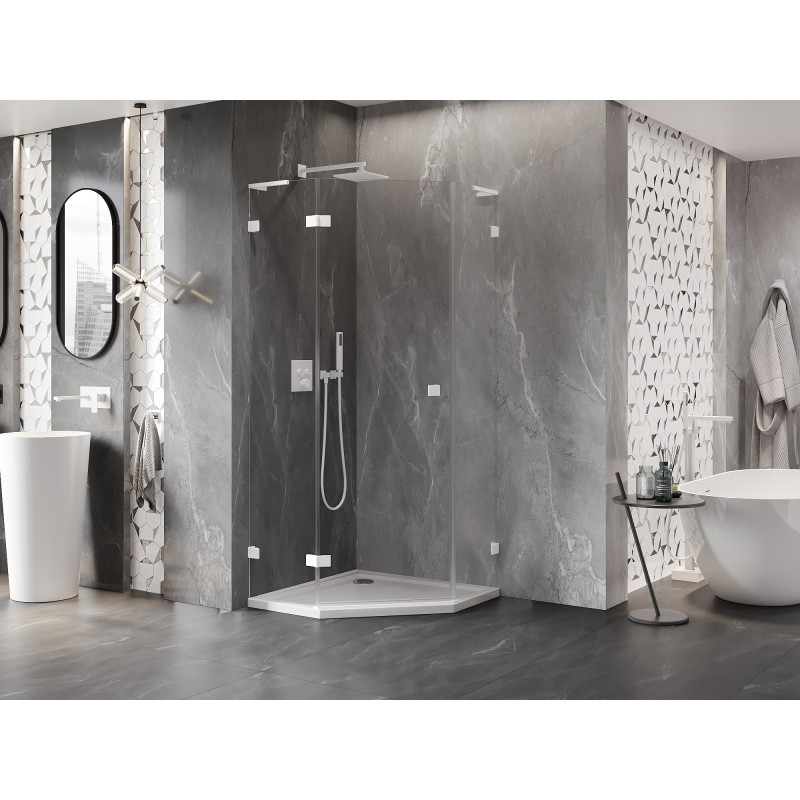 Mexen Lunar L pentagoninė atveriama kairė pusė dušo kabina 90 x 90 cm, permatoma, balta - 831L-090L-090P-20-00-L