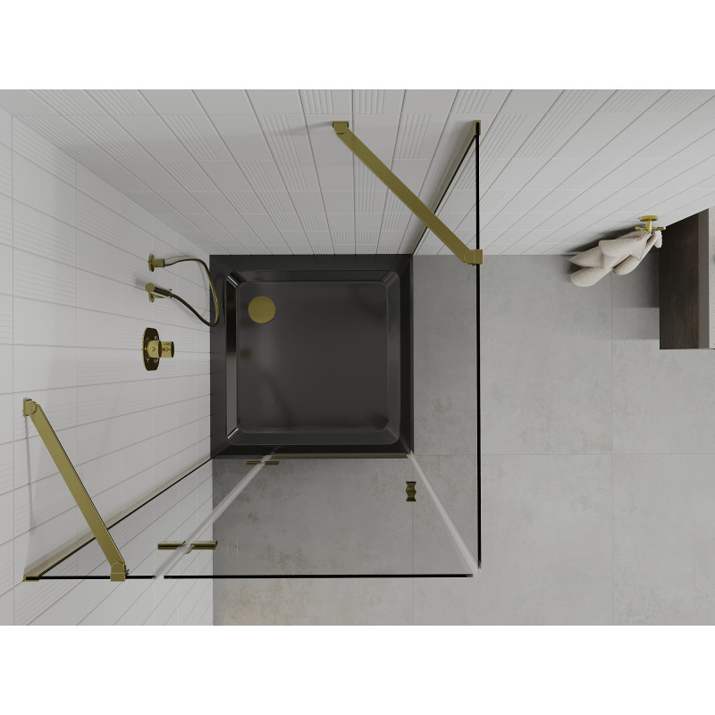 Mexen Roma 90 x 90 cm atidaromų durų dušo kabina, permatoma, auksinė + juodas Flat padėklas - 854-090-090-50-00-4070G