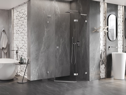 Mexen Lunar L dešinės pusės įėjimo penkiakampė dušo kabina 100 x 100 cm, skaidri, chromuota - 831L-100P-100L-01-00-P