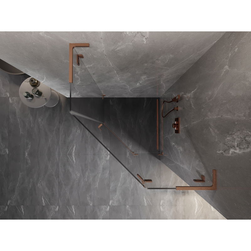 Mexen Lunar L penkiakampis dešinysis dušo kabinos gaubtas 80 x 80 cm, permatomas, šlifuotas varis - 831L-080P-080L-65-00-P