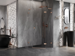 Mexen Lunar L dešimtinė dušo kabina dešinioji 90 x 90 cm, skaidri, šlifuotas varis - 831L-090P-090L-65-00-P
