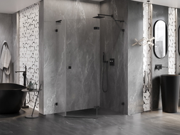 Mexen Lunar L penkiakampė dešinė dušo kabina 90 x 80 cm, permatoma, juoda - 831L-090P-080L-70-00-P