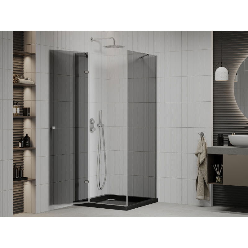 Mexen Roma dušo kabinos atsidarančios durys 80 x 80 cm, grafitas, chromas + Flat dušo padėklas, juodas - 854-080-080-01-40-4070