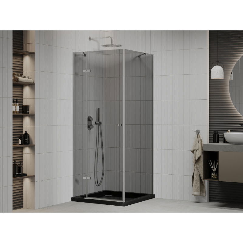 Mexen Roma dušo kabinos atsidarančios durys 80 x 80 cm, grafitas, chromas + Flat dušo padėklas, juodas - 854-080-080-01-40-4070