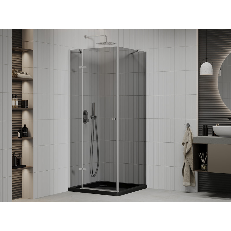 Mexen Roma dušo kabina su atveriamomis durimis 90 x 90 cm, grafitas, chromas + padėklas Flat, juodas - 854-090-090-01-40-4070