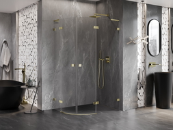 Mexen Lunar L pusapvalė dušo kabina su atveriamomis durimis, dešinė 100 x 90 cm, skaidri, auksinės matinės spalvos