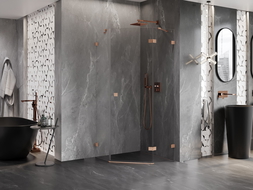 Mexen Lunar penkiakampė dešinė atveriama dušo kabina 90 x 90 cm, skaidri, šlifuotas varis - 831-090P-090L-65-00-P