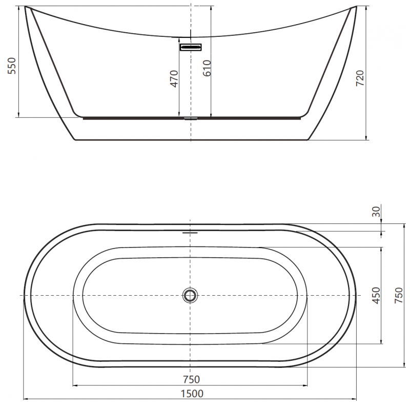 Mexen Lotos laisvai stovinti vonia 150 x 75 cm, balta/juoda, auksinis šlifuotas perpildymo vožtuvas - 52051507775-55