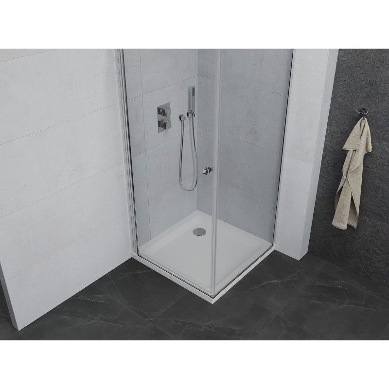 Mexen Pretoria atsiveriama dušo kabina 100 x 100 cm, skaidri, chromuota + plokščias padėklas - 852-100-100-01-00-4010