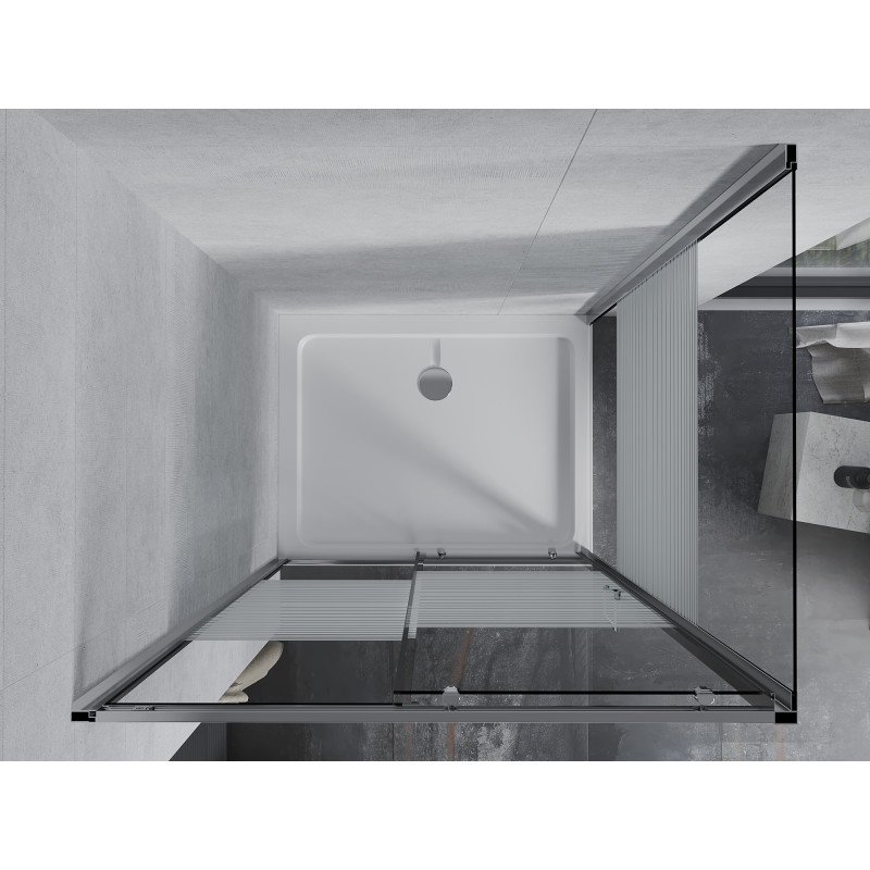 Mexen Apia stiklinė slankiojančios durys 100 x 70 cm, baltos juostos, chromas + Flat dušo padėklas - 840-100-070-01-20-4010