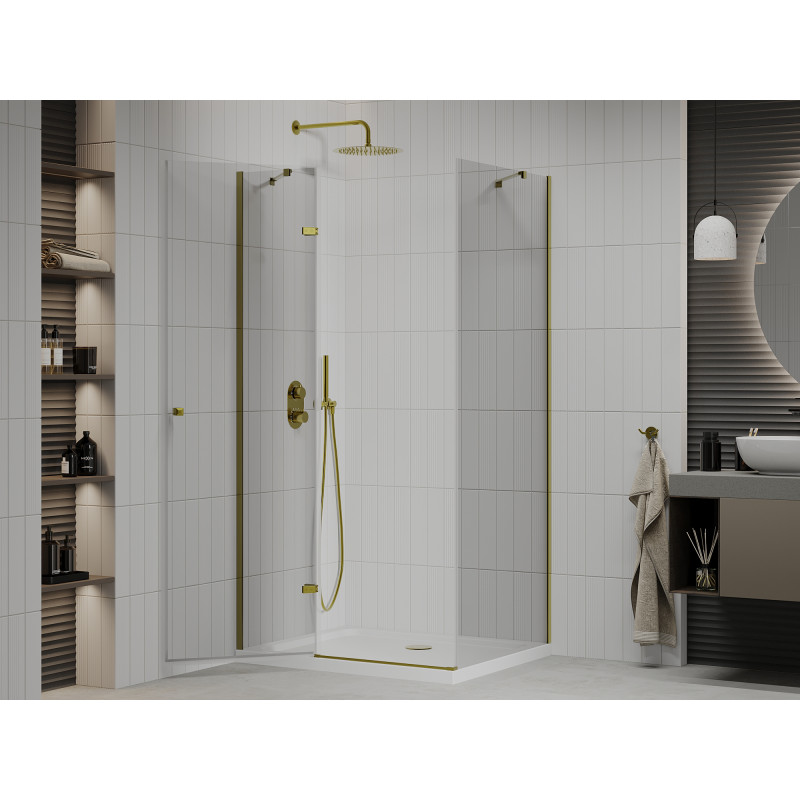 Mexen Roma atsilenkiamasis dušo kabinas 90 x 80 cm, permatomas, auksinis + Flat padėklas - 854-090-080-50-00-4010