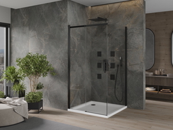 Mexen Omega stumdoma dušo kabina 100 x 100 cm, Skaidrus, Juoda + dušo padėklas Flat, Balta - 825-100-100-70-00-4010B