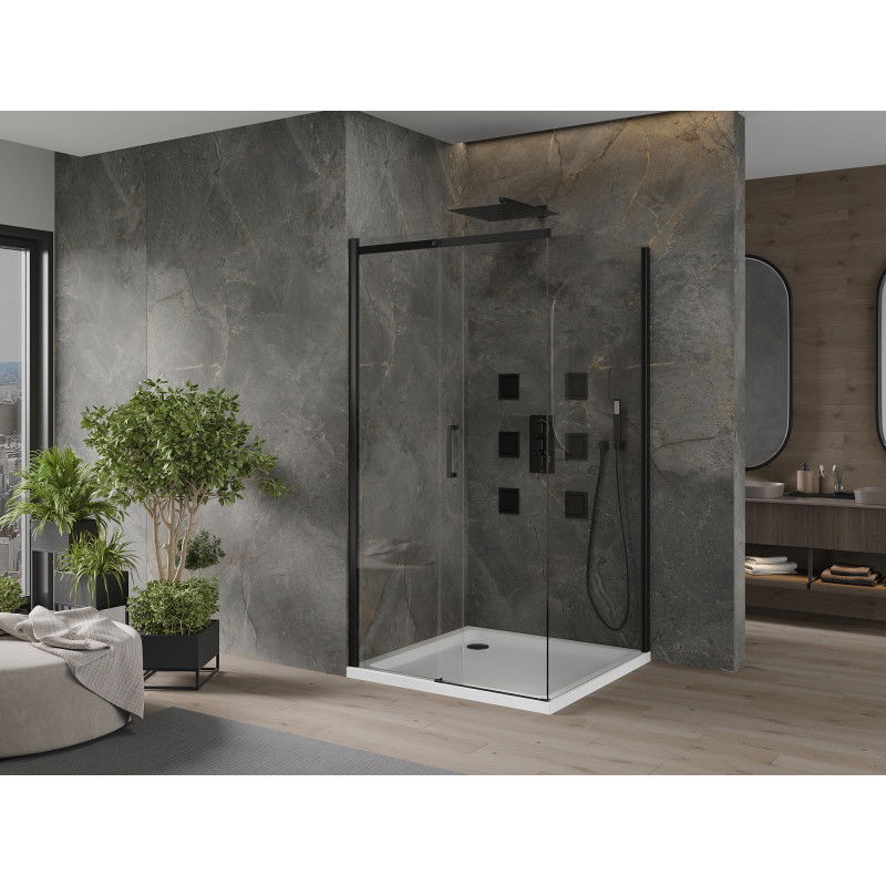 Mexen Omega dušo kabina slankiojanti 100 x 100 cm, permatoma, juoda + padėklas Flat, baltas - 825-100-100-70-00-4010B