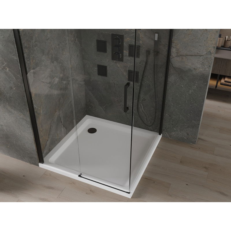 Mexen Omega dušo kabina slankiojanti 100 x 100 cm, permatoma, juoda + padėklas Flat, baltas - 825-100-100-70-00-4010B