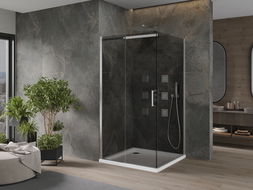 Mexen Omega stumetrinė dušo kabina stumdomomis durimis, grafito spalvos, chromuota + plokščias padėklas, baltas