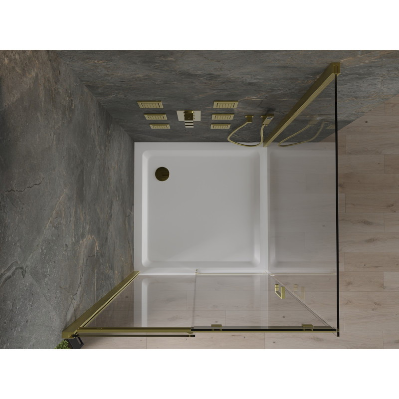 Mexen Omega stumdoma dušo kabina 100 x 100 cm, skaidri, auksinė + Flat pagrindas - 825-100-100-50-00-4010