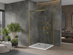 Mexen Omega stumdoma dušo kabina 100 x 100 cm, Skaidrus, Auksinė + dušo padėklas Flat - 825-100-100-50-00-4010