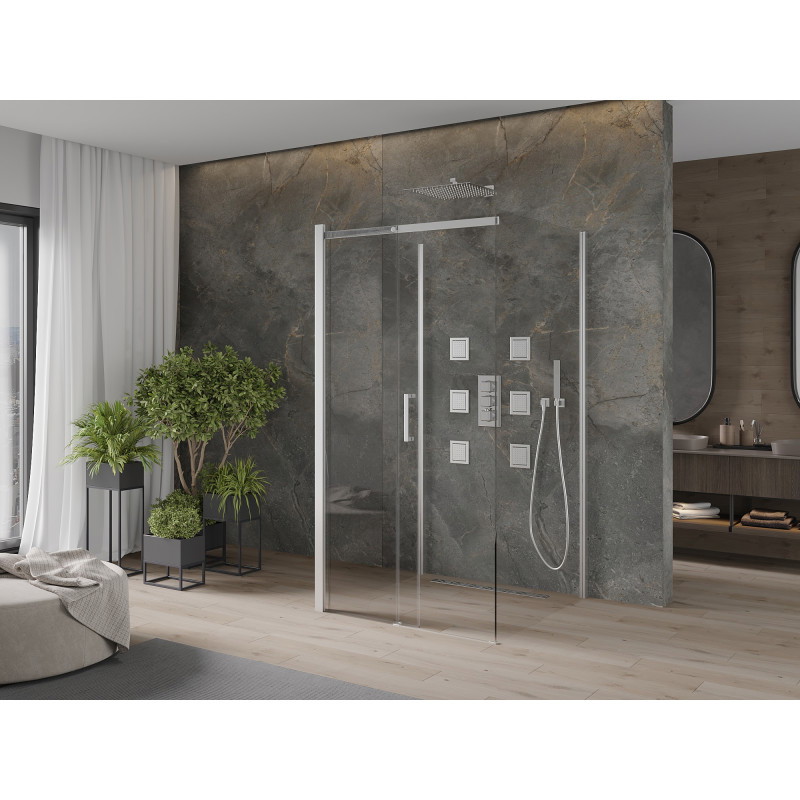 Mexen Omega-3S dušo kabina 3-sienos, slankiojančios durys 100 x 100 cm, skaidrus, chromas - 825-100-100-01-00-3S