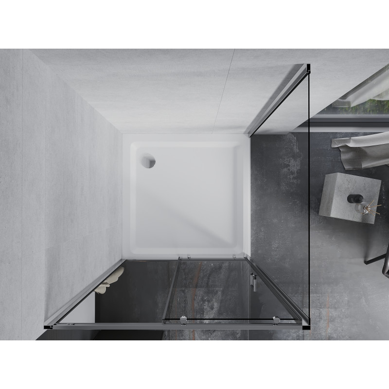 Mexen Apia stiklinė dušo kabina 90 x 90 cm, permatoma, chromuota + plokščia dušo padėklas - 840-090-090-01-00-4010