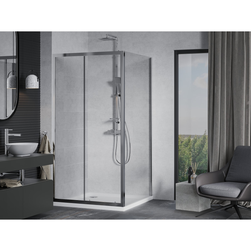Mexen Apia 100 x 100 cm stumdomas dušo kabinas, skaidrus, chromuotas + Flat dušo padėklas - 840-100-100-01-00-4010