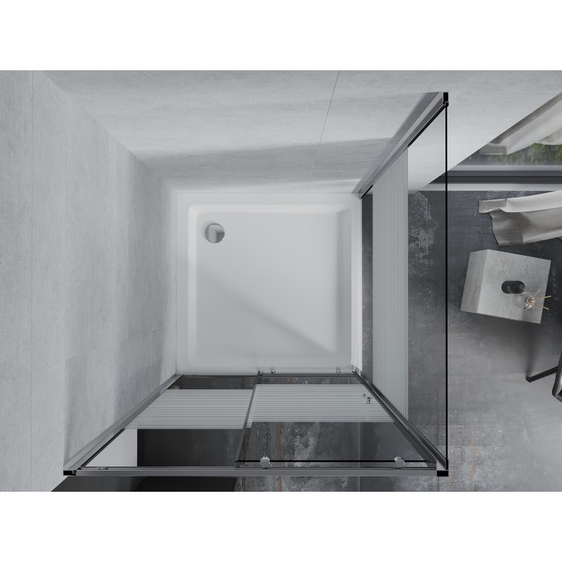 Mexen Apia stiklinė dušo kabina 90 x 90 cm, balti diržai, chromas + plokščias padėklas - 840-090-090-01-20-4010