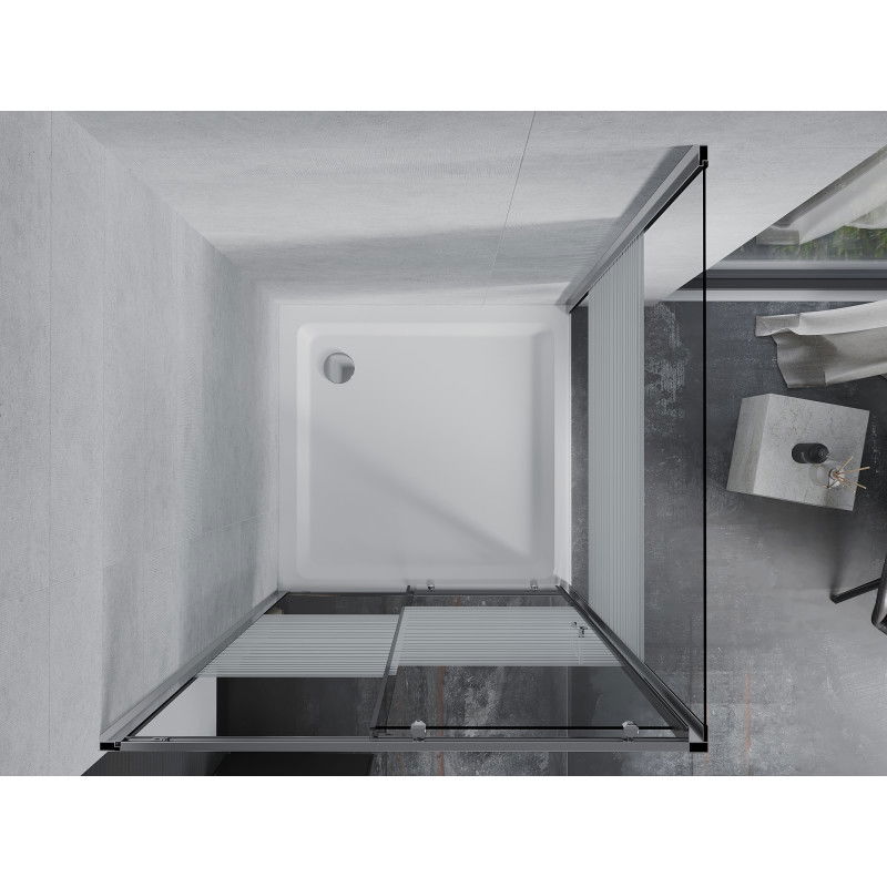 Mexen Apia įstumiama dušo kabina 100 x 100 cm, baltos juostos, chromas + Flat dušo padėklas - 840-100-100-01-20-4010