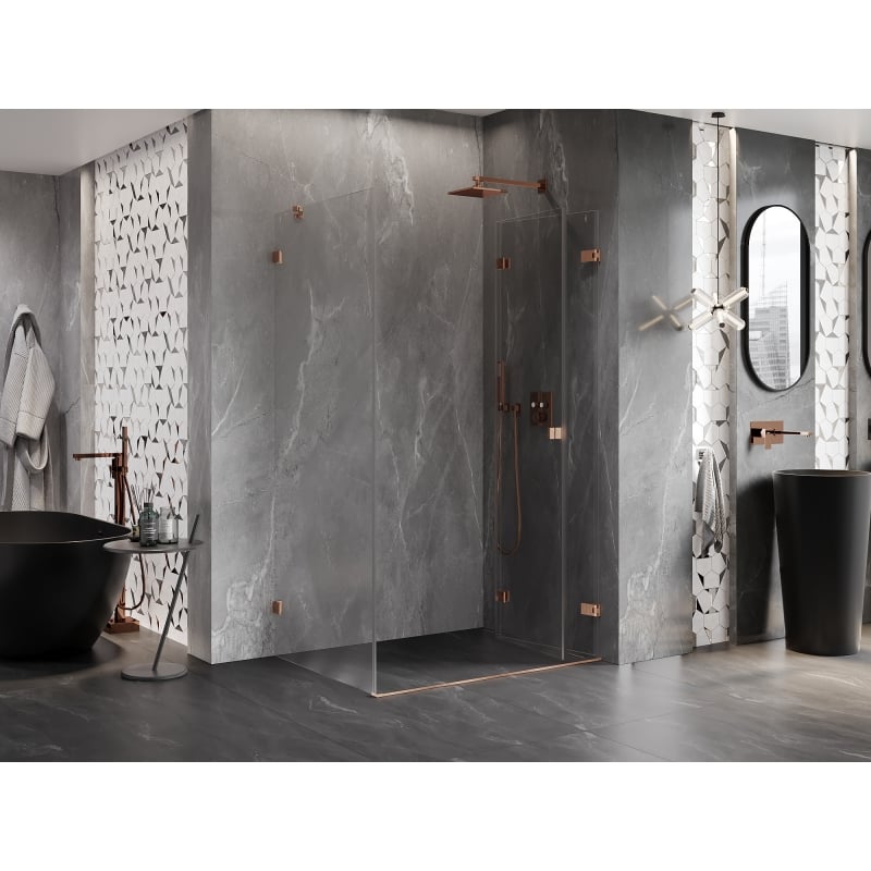 Mexen Lunar-F sulankstoma dešinė pusė dušo kabina 75 x 70 cm, skaidrus, šlifuotas varis- 836-075-070-65-00-P