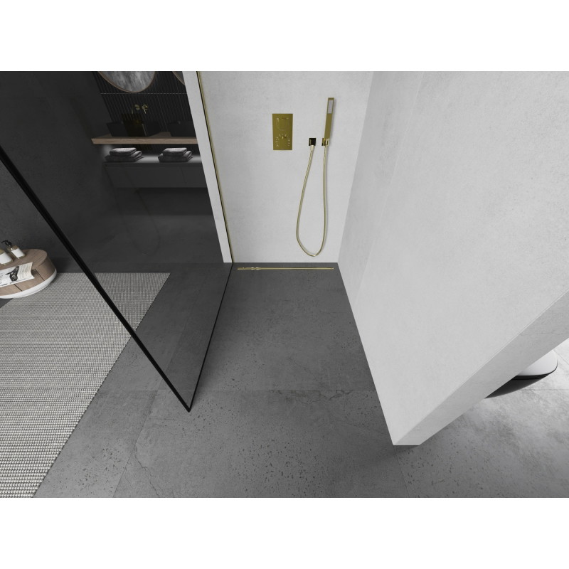 Mexen Kioto Dušo siena Walk-in 50 x 200 cm, juodas rėmas 8 mm, auksinė - 800-050-101-50-70