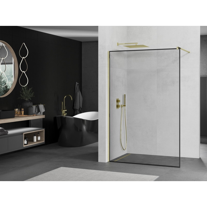 Mexen Kioto Dušo siena Walk-in 50 x 200 cm, juodas rėmas 8 mm, auksinė - 800-050-101-50-70
