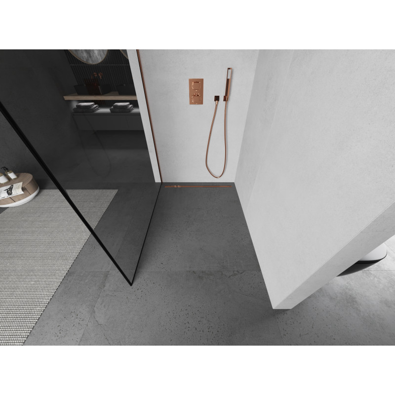 Mexen Kioto Dušo pertvara Walk-in 90 x 200 cm, juodas rėmas 8 mm, rožinis auksas - 800-090-101-60-70