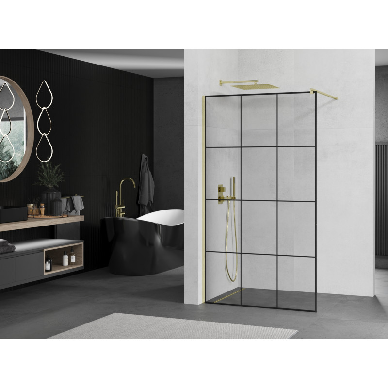 Mexen Kioto Dušo sienelė Walk-in 100 x 200 cm, juodas tinklelis 8 mm, auksinė - 800-100-101-50-77