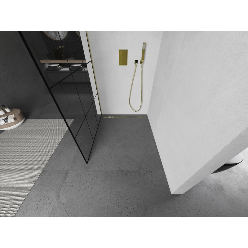 Mexen Kioto Dušo sienelė Walk-in 100 x 200 cm, juodas tinklelis 8 mm, auksinė - 800-100-101-50-77