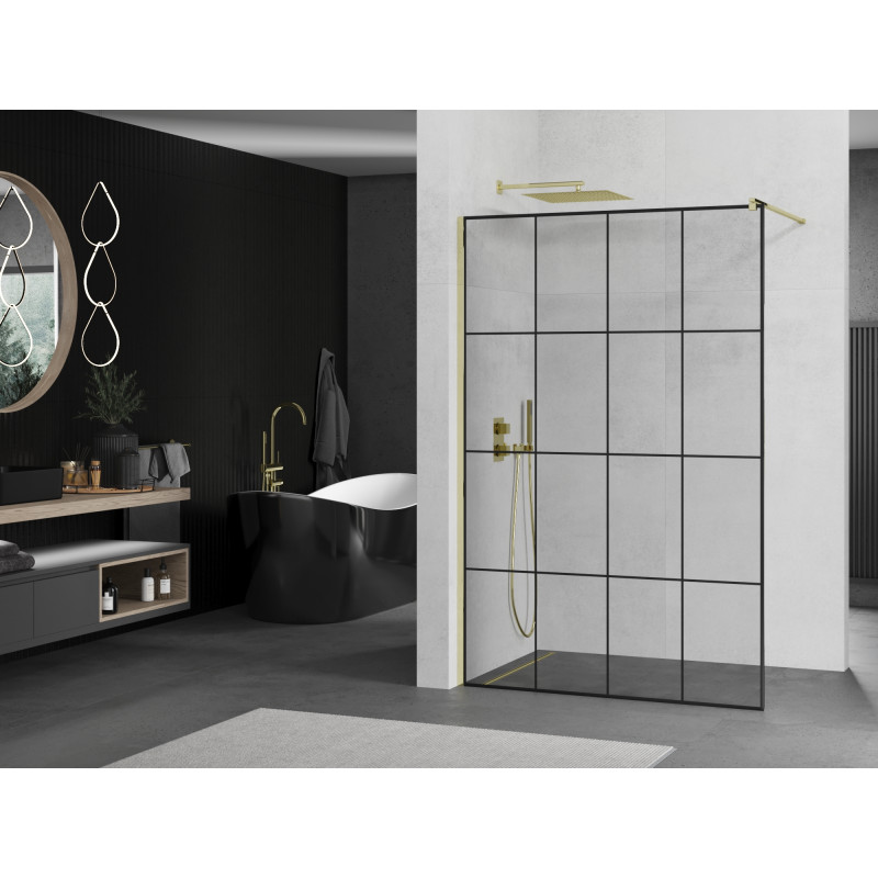 Mexen Kioto Dušo sienelė Walk-in 140 x 200 cm, juodi langeliai 8 mm, auksinė - 800-140-101-50-77