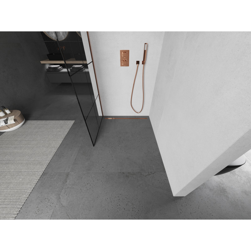 Mexen Kioto Dušo siena Walk-in 70 x 200 cm, juoda grotelė 8 mm, rožinis auksas - 800-070-101-60-77