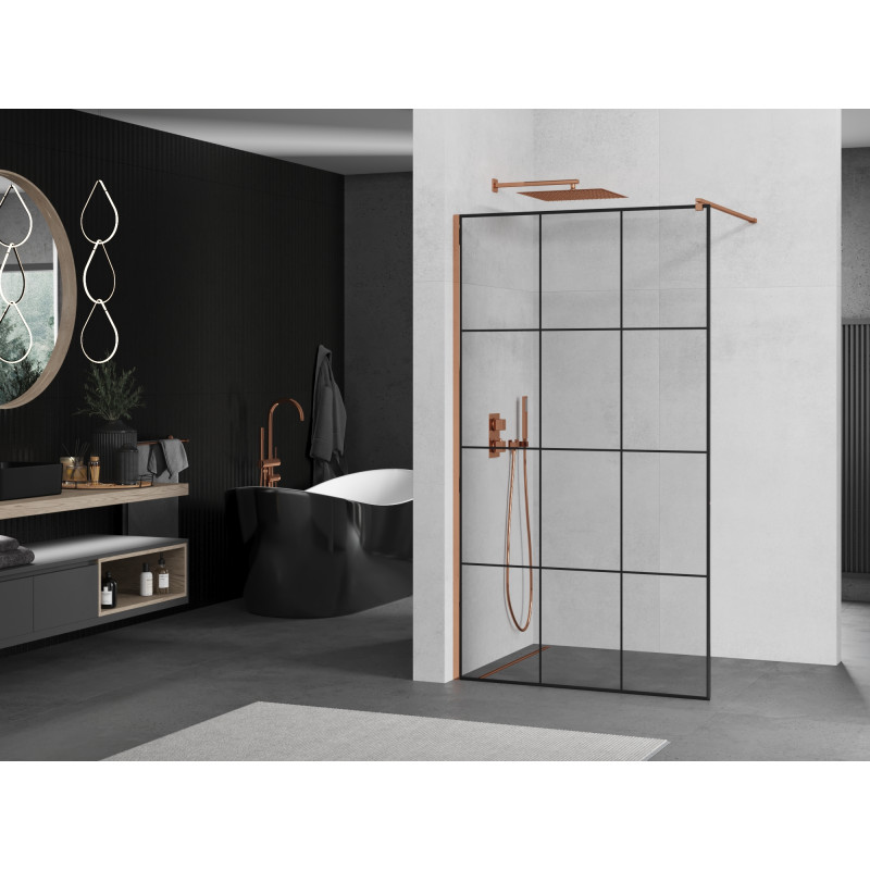 Mexen Kioto Dušo sienelė Walk-in 100 x 200 cm, juodas tinklelis 8 mm, rožinis auksas - 800-100-101-60-77