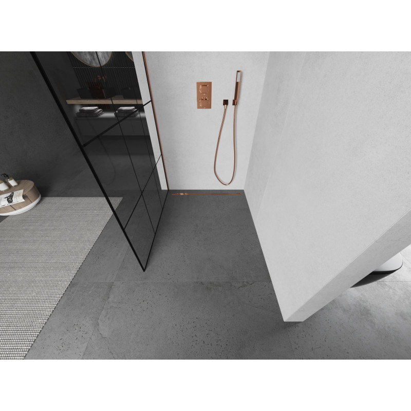 Mexen Kioto Dušo sienelė Walk-in 100 x 200 cm, juodas tinklelis 8 mm, rožinis auksas - 800-100-101-60-77
