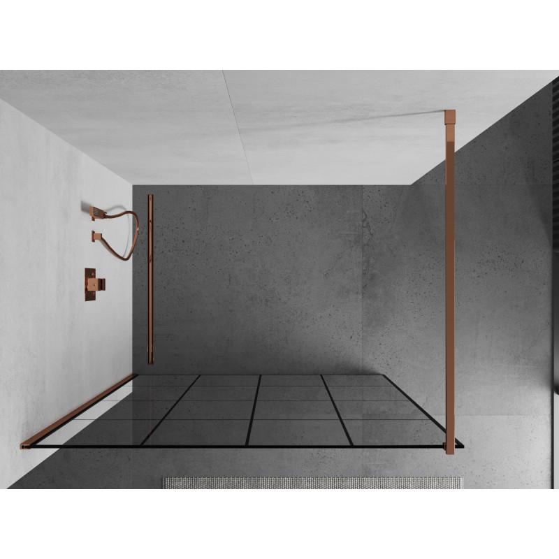 Mexen Kioto dušo sienelė Walk-in 140 x 200 cm, juodas tinklelis 8 mm, rožinis auksas - 800-140-101-60-77