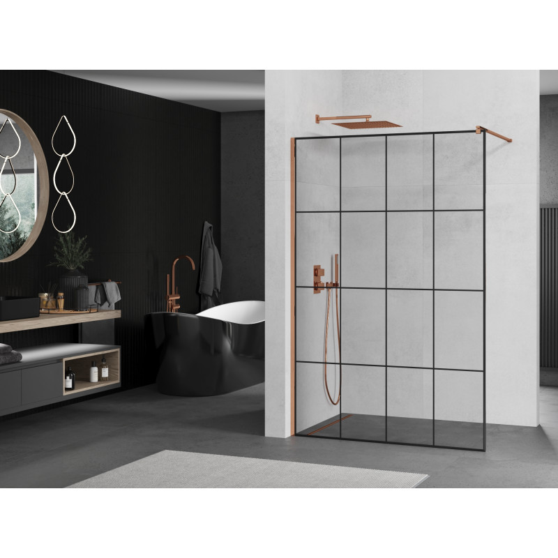 Mexen Kioto dušo sienelė Walk-in 140 x 200 cm, juodas tinklelis 8 mm, rožinis auksas - 800-140-101-60-77