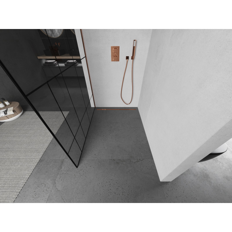 Mexen Kioto dušo siena Walk-in 140 x 200 cm, juodos raštas 8 mm, rožinis auksas - 800-140-101-60-78