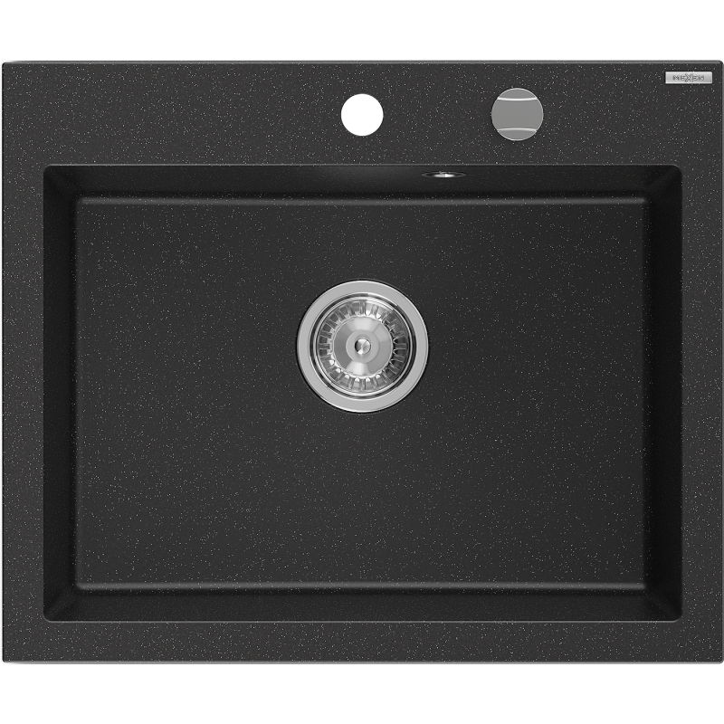 Mexen Elix granito plautuvė 1-galinis 600 x 500 mm, juodas/sidabrinis metalikas, chromuotas sifonas - 6525601005-73