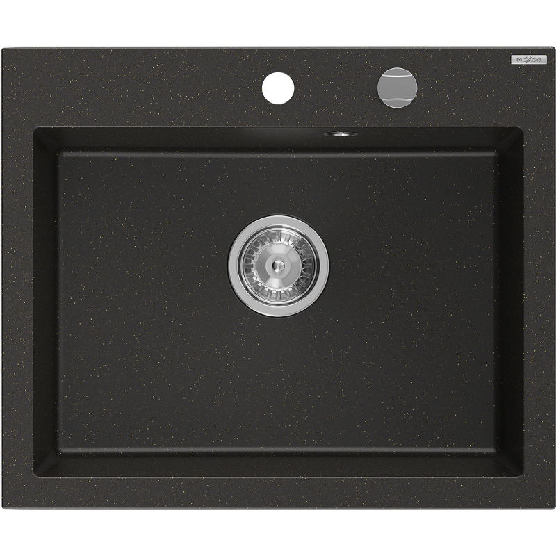Mexen Elix granitinė plautuvė 1-skylių 600 x 500 mm, juoda/auksinis metalo, sifonas chrom - 6525601005-75