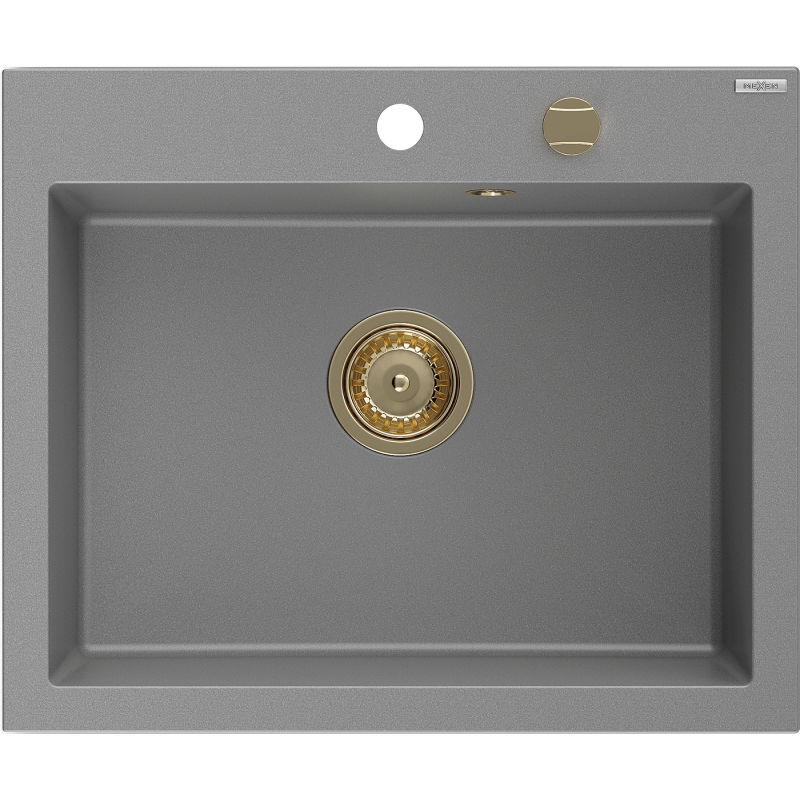 Mexen Elix granitinė vienaaukštė plautuvė 600 x 500 mm, pilka, auksinis sifonas - 6525601005-71-G