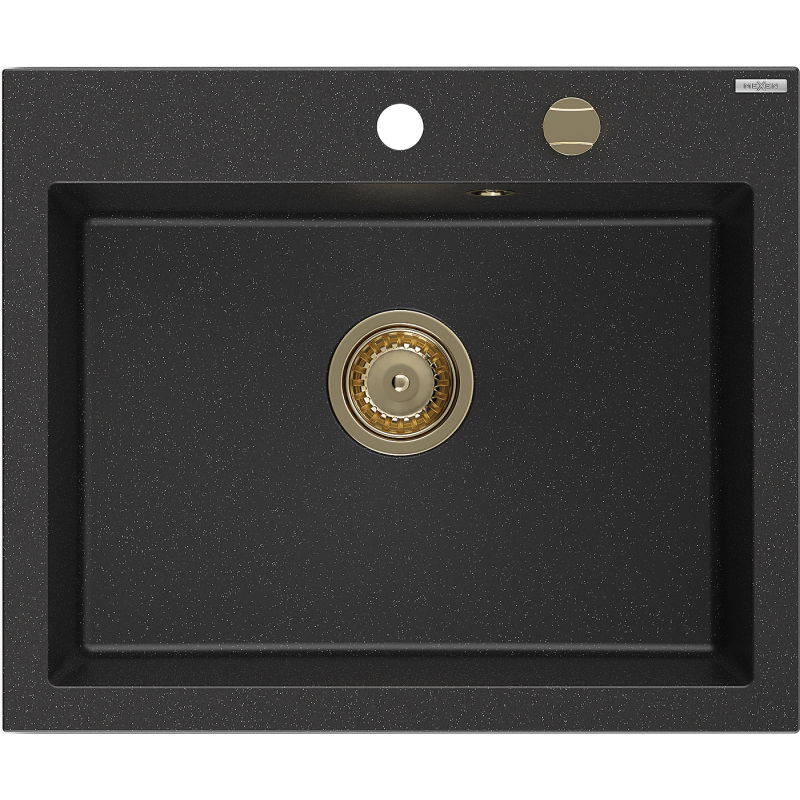 Mexen Elix granitinė vienos angos kriauklė 600 x 500 mm, juoda/sidabrinė metalinė, sifonas auksinis - 6525601005-73-G