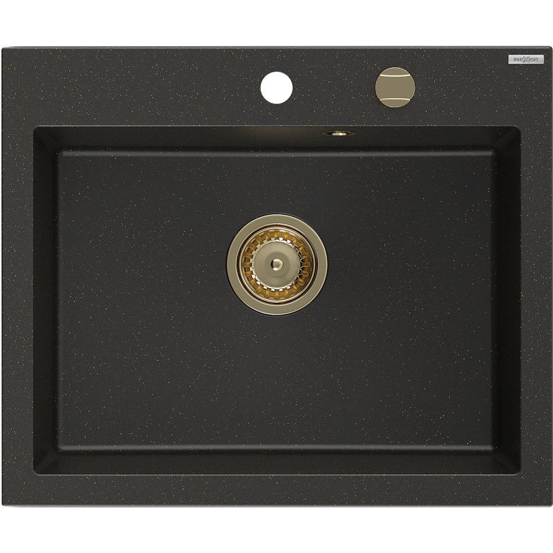 Mexen Elix granitinė kriauklė 1 kamera 600 x 500 mm, juoda/auksinis metalikas, auksinis sifonas - 6525601005-75-G