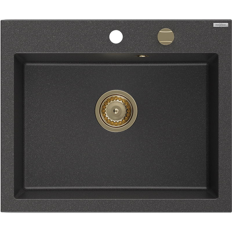 Mexen Elix granitinė vienos kameros virtuvinė plautuvė 600 x 500 mm, juoda su taškeliais, sifonas auksinis - 6525601005-76-G