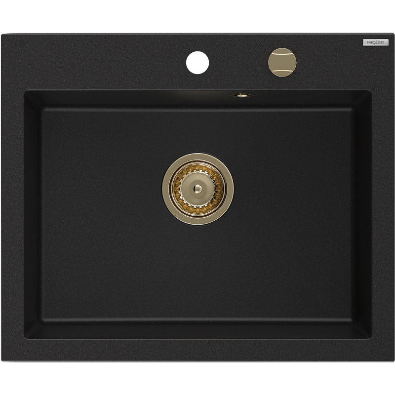 Mexen Elix granitinė virtuvės kriauklė 1 skyrius 600 x 500 mm, juoda, sifonas auksinis - 6525601005-77-G