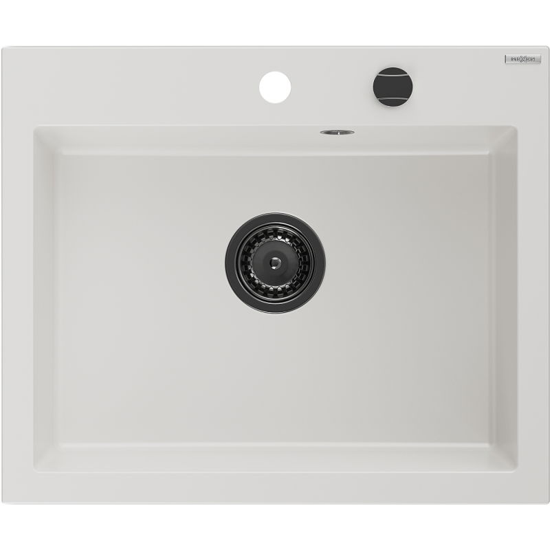 Mexen Elix granito plautuvė 1-ą kamerų 600 x 500 mm, balta, juodas sifonas - 6525601005-20-B