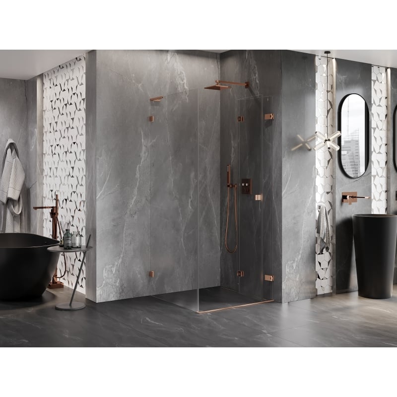 Mexen Lunar-F L sulankstoma dešinė dušo kabina 80 x 80 cm, skaidri, šlifuotas varis - 836L-080-080-65-00-P