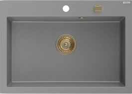 Mexen Elix granitinė virtuvės plautuvė, 1 skyrelis, 700 x 500 mm, pilka, aukso sifonas - 6526701005-71-G