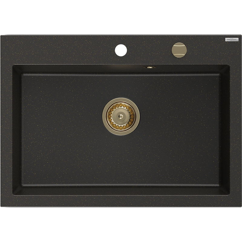 Mexen Elix granitinė virtuvės plautuvė, vienos talpos, 700 x 500 mm, juoda/aukso metalikas, aukso sifonas - 6526701005-75-G